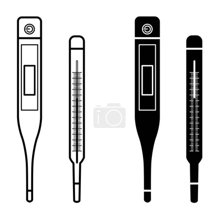 Ilustración de Iconos de termómetros médicos electrónicos y de mercurio. Iconos blancos y negros. Concepto de salud. Ilustración vectorial - Imagen libre de derechos