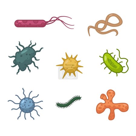 Ilustración de Set de bacterias y microbios. Ilustración vectorial de virus que causan diversas enfermedades. Concepto de medicina - Imagen libre de derechos