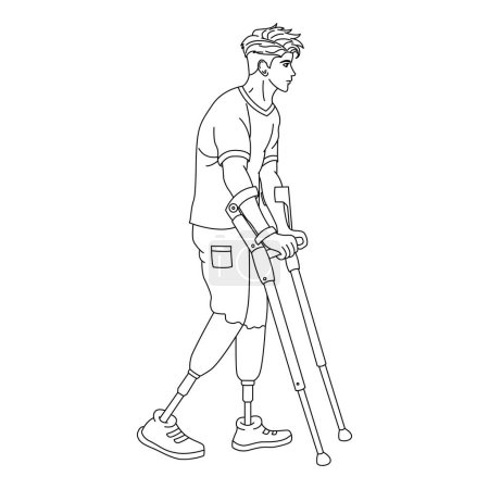 Téléchargez les illustrations : Jeune homme avec des jambes prothétiques pour la coloration. Un bel homme avec des jambes prothétiques apprenant à marcher avec des béquilles. Illustration vectorielle - en licence libre de droit