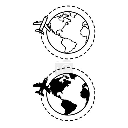 Téléchargez les illustrations : Icônes de voyage. Icônes vectorielles noires et blanches. Concept du globe terrestre et d'un avion volant autour - en licence libre de droit