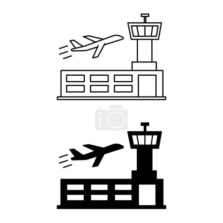 Illustration for Airport icons. Black and White Vector Icons. Airport building and airplane taking off. Travel and Vacation Concept - Royalty Free Image