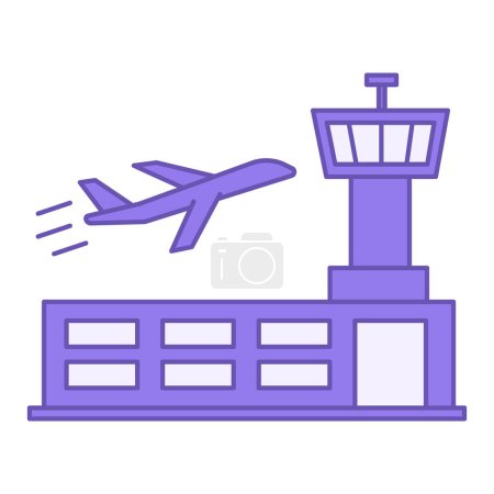 Téléchargez les illustrations : Icône de l'aéroport coloré. Icône vectorielle de la construction de l'aéroport et décollage de l'avion. Concept de voyage et de vacances - en licence libre de droit