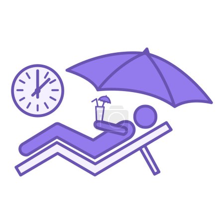 Farbige Urlaubs-Ikone. Vector Icon eines Mannes, der sich bei einem Cocktail auf einer Chaiselongue entspannt. Sonnenschirm und Uhr. Reisekonzept