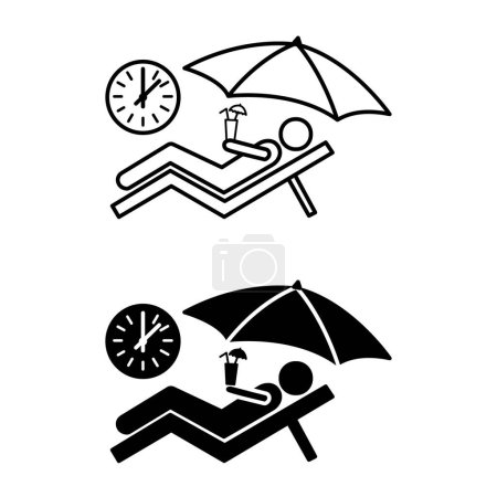Icônes de vacances. Icônes vectorielles noires et blanches. Vacances d'homme sur un transat avec un cocktail. Parapluie de plage et horloge. Concept de voyage