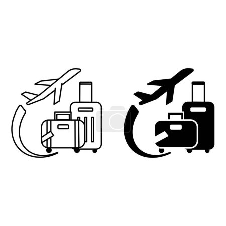 Illustration for Voyage icons. Black and White Vector Icons. Suitcases and Airplane Taking Off. Travel and Vacation Concept - Royalty Free Image
