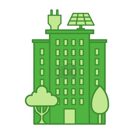 Téléchargez les illustrations : Icône de ville verte colorée. Icône vectorielle d'une maison multi-étages avec panneaux solaires et arbres. Concept écologie et protection de l'environnement - en licence libre de droit