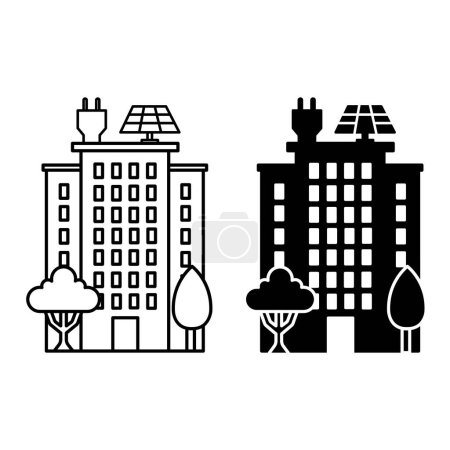 Téléchargez les illustrations : Icônes de Green City. Icônes vectorielles noires et blanches. Maison multi-étages avec panneaux solaires et arbres. Concept écologie et protection de l'environnement - en licence libre de droit