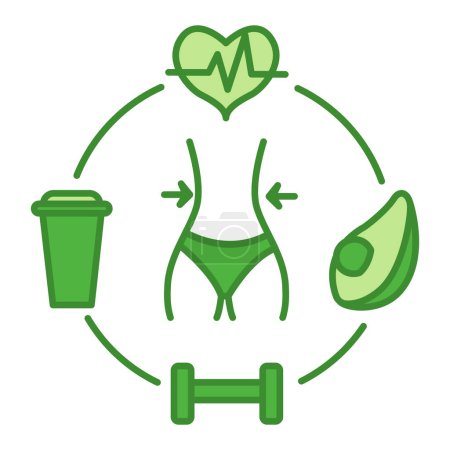 Green Healthy Lifestyle Icon. Vector Icon of Slim Figure and Things Symbolizing Proper Nutrition, Water Balance, Sports, and Medical Examination