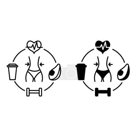 Gesunde Lifestyle-Ikonen. Schwarz-weiße Vektorsymbole. Schlanke Figur und Dinge, die die richtige Ernährung, Wasserhaushalt, Sport und medizinische Untersuchung symbolisieren