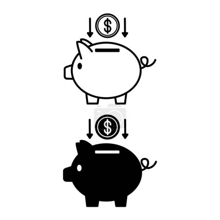 Piggy bank icons. Black and White Vector Icons. Piggy Bank and Dollar Coins. Deposit and Savings. Business and Finance Concept