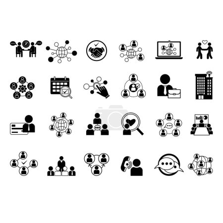 Black Set of Networking Icons. Vector Icons of Social Networks, Collaboration, Contacts, Referral, Handshakes, Mentoring, Connection, Communication, Network Building, and Others