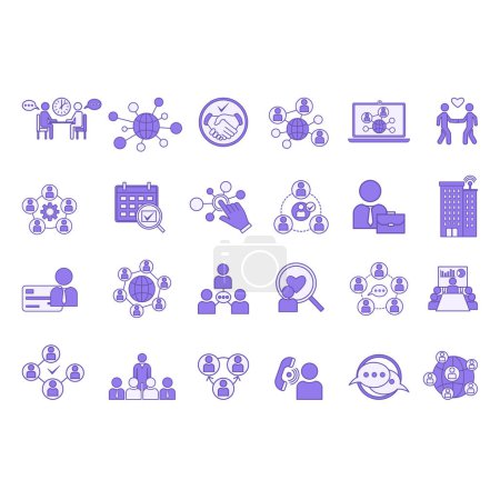 Colored Set of Networking Icons. Vector Icons of Social Networks, Collaboration, Contacts, Referral, Handshakes, Mentoring, Connection, Communication, Network Building, and Others