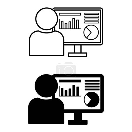 Illustration for Data Analyst Icons. Black and White Vector Icons of a Person Studying and Analyzing Data on a Computer. Data Analysis Concept - Royalty Free Image