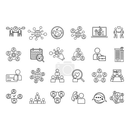 Set of Networking Icons. Vector Icons of Social Networks, Collaboration, Contacts, Referral, Handshakes, Mentoring, Connection, Communication, Network Building, and Others