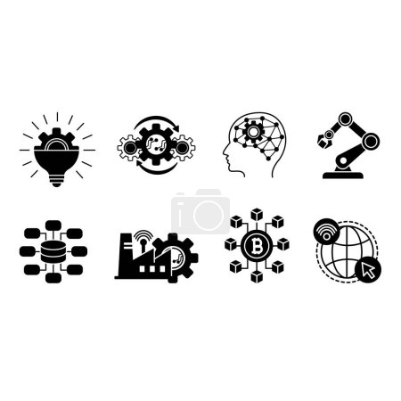 Black Set of Digital Revolution Icons. Vector Icons of Innovation, Automation, Artificial Intelligence, Robotic, Big Data, Industry 4.0, Blockchain and Internet