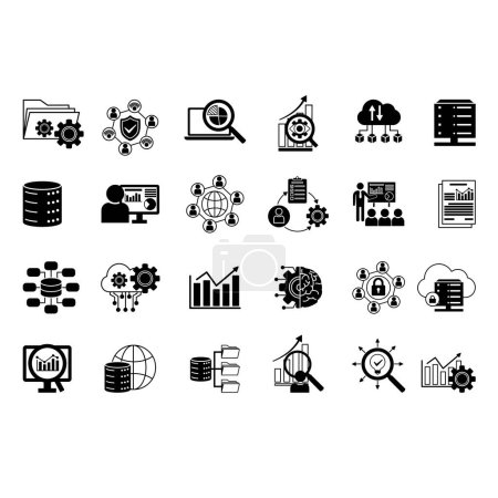 Illustration for Black Set of Data Analytics Icons. Vector Icons of Monitoring, Network, Server, Database, Cybersecurity, Data Management, Hosting, API, and Other - Royalty Free Image