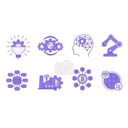 Farbiges Digital Revolution Icon Set. Vektor-Ikonen für Innovation, Automatisierung, Künstliche Intelligenz, Robotik, Big Data, Industrie 4.0, Blockchain und Internet