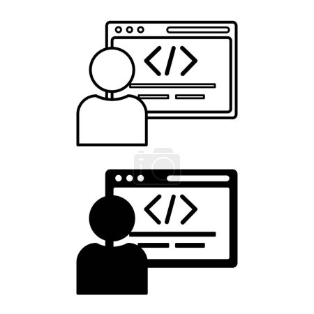 Developer Icons. Black and White Vector Icons of Programmer and Programs with Code. Programming and Coding Concept