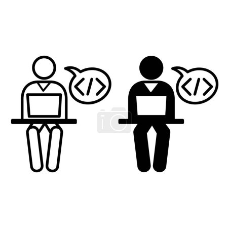 Icônes de programmeur. Icônes vectorielles noires et blanches d'un homme travaillant sur un ordinateur portable. Concept de programmation et de codage