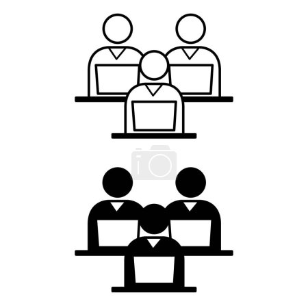 Training Icons. Black and White Vector Icons. Employees with Laptops at Advanced Training Courses. Business and Management Concept