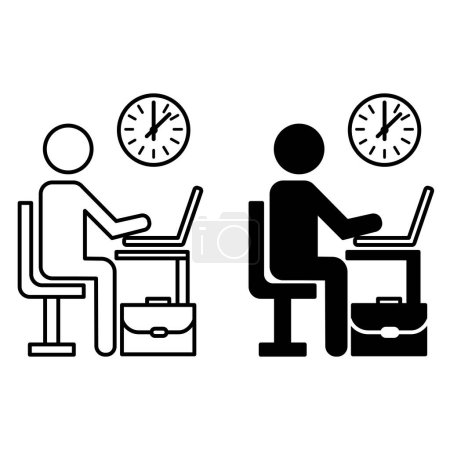 Employee icons. Black and White Vector Icons. Man Working on Laptop. Work Briefcase and Watch. Human Resource Management Concept
