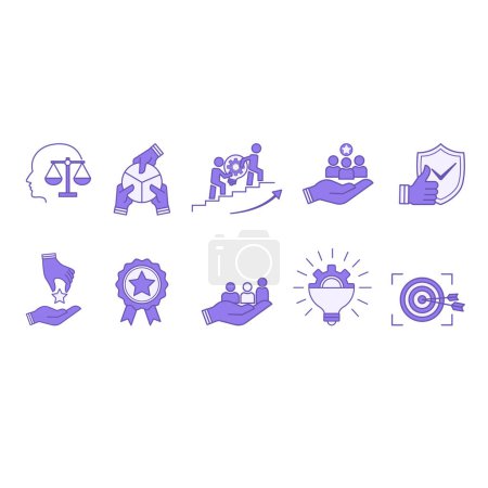 Farbige Symbole für Kernwerte. Vector Icons Engagement, Innovation, Kunden, Teamwork, Ehrlichkeit, Ziele, Verantwortung, Zuverlässigkeit, Qualität und Inklusion