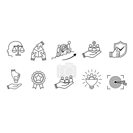Set of Core Values Icons. Vector Icons Commitment, Innovation, Customers, Teamwork, Honesty, Goals, Responsibility, Reliability, Quality, and Inclusion