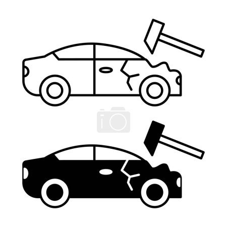 Körperreparatur-Symbole. Schwarz-weiße Vektor-Ikone von kaputtem Auto und Hammer. Kfz-Servicekonzept