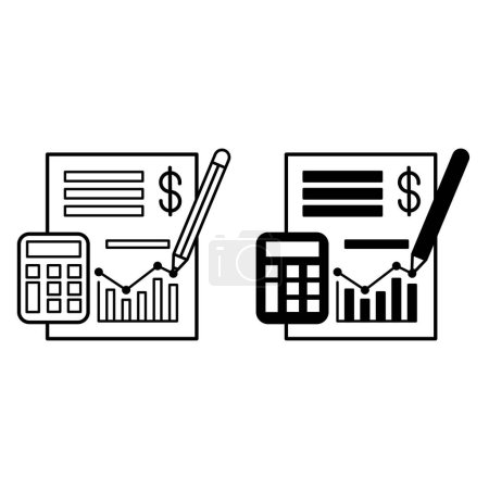 Accounting icons. Black and White Vector Icons. Financial Document, Pencil, and Calculator. Business and Finance Concept