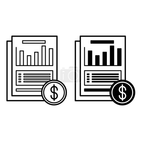 Estados Financieros Iconos. Iconos vectoriales en blanco y negro. Documentos financieros con gráfico y signo de dólar. Negocios y Finanzas. Concepto contable
