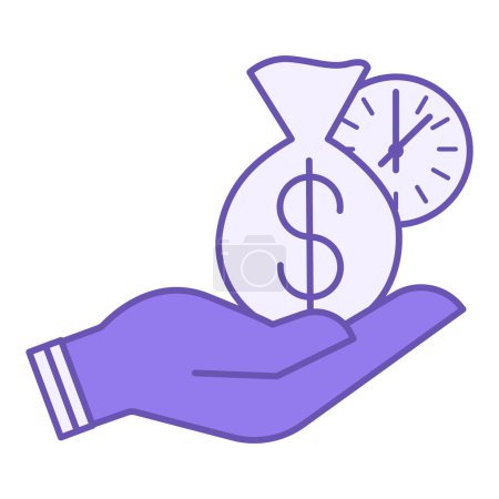 Farbige Credit Icon. Vector Icon of Bag mit Geld auf der Hand und Uhr. Kreditzahlung, schnelles Geld, sofortiger Kredit. Buchhaltungskonzept