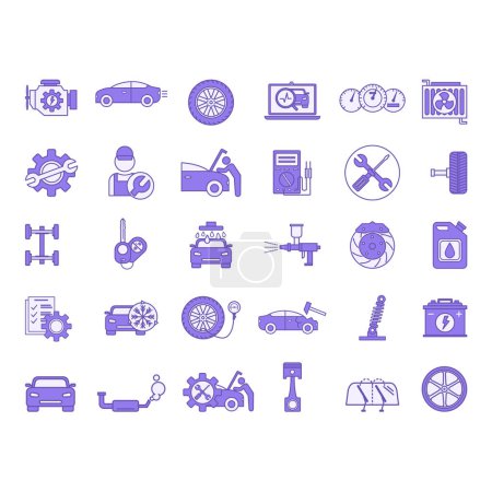 Conjunto de iconos de servicio de coches de colores. Iconos vectoriales de coche, motor, rueda, lavado de coches, mantenimiento eléctrico, reparación del cuerpo, servicio, limpiaparabrisas, aceite de máquina y otros