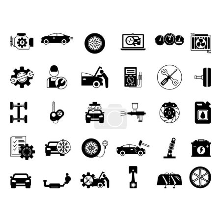 Ilustración de Conjunto de iconos de servicio de coche negro. Iconos vectoriales de coche, motor, rueda, lavado de coches, mantenimiento eléctrico, reparación del cuerpo, servicio, limpiaparabrisas, aceite de máquina y otros - Imagen libre de derechos