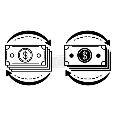Money Flow Icons. Black and White Vector Icons of Packs of Dollars and Arrows. Accounting Concept