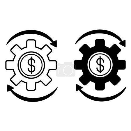Money Management Icons. Black and White Vector Icons of Gears with Dollar Sign and Arrows. Investments, Financial Circulation, Financial Transactions, Income from Funds. Accounting Concept