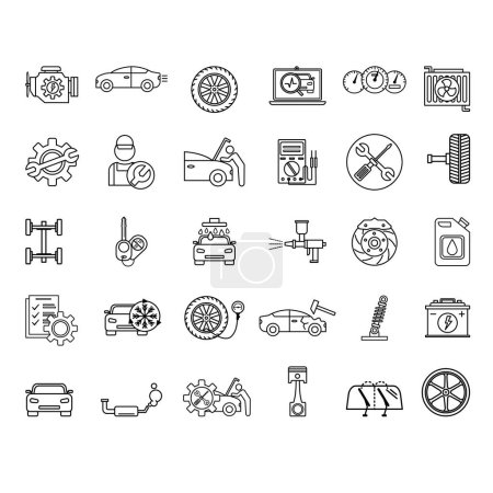 Conjunto de iconos de servicio de coches. Iconos vectoriales de coche, motor, rueda, lavado de coches, mantenimiento eléctrico, reparación del cuerpo, servicio, limpiaparabrisas, aceite de máquina y otros