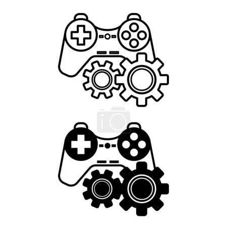 Iconos de Gamificación. Vector Blanco y Negro Iconos del Juego Joystick y Engranajes. Educación interactiva y divertida. Concepto taller