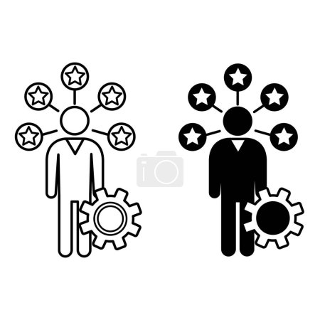 Skill Building Icons. Black and White Vector Icons of Gears, Man, and Stars Around It. Increasing Skills and Talents. Workshop Concept