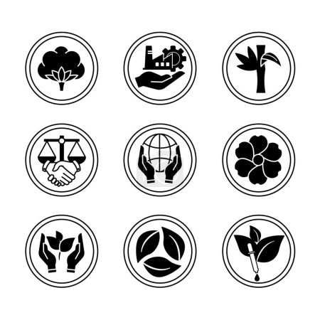 Black Icon Set for Organic Product Packaging. Vector Icons of Organic Cotton, Organic Linen, Organic Bamboo, Fair Trade, Sustainable Development, Eco-Friendly, Responsible Production, Recycled Fabrics, and Eco-Dyes