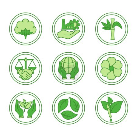 Green Icon Set for Organic Product Packaging. Vector Icons of Organic Cotton, Organic Linen, Organic Bamboo, Fair Trade, Sustainable Development, Eco-Friendly, Responsible Production, Recycled Fabrics, and Eco-Dyes