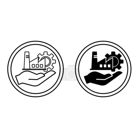 Illustration for Responsible Manufacturing Icons. Black and White Vector Icons. Industrial Factory and Gear on a Human Hand. Environment Protection Concept - Royalty Free Image