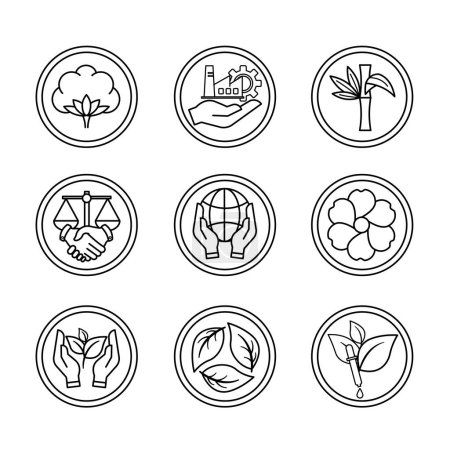 Conjunto de iconos para embalaje de productos ecológicos. Iconos vectoriales de algodón orgánico, lino orgánico, bambú orgánico, comercio justo, desarrollo sostenible, respetuoso del medio ambiente, producción responsable, tejidos reciclados y colorantes ecológicos