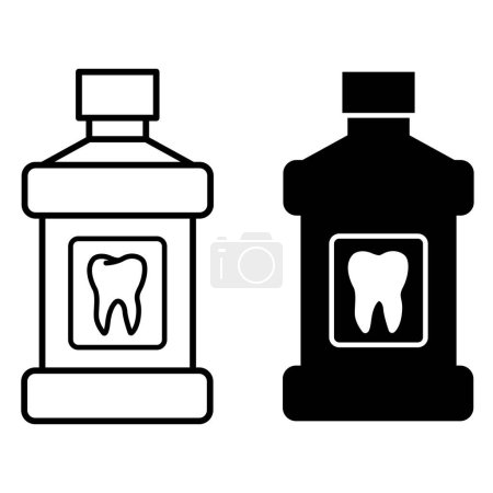 Illustration for Mouthwash icons. Black and White Vector Icons. Mouthwash Bottle with Tooth on Label. Dental Care. Medicine and Dentistry Concept - Royalty Free Image