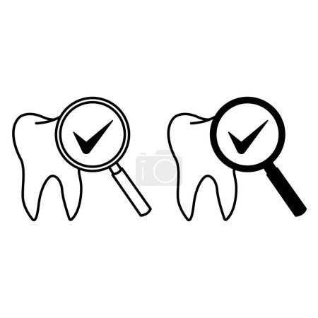 Inspecter les icônes dentaires. Icônes vectorielles noires et blanches de la dent et du verre grossissant. Soins et traitements dentaires. Concept de médecine