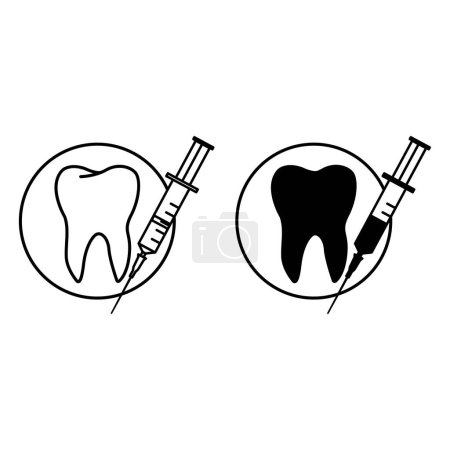 Illustration for Syringe icons. Black and White Vector Icons of Syringe with Medicine and Tooth. Dental care and treatment. Medicine and Dentistry Concept - Royalty Free Image