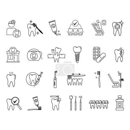 Set von zahnärztlichen Symbolen. Vektor-Ikone der Zahnheilkunde, Zahn, Implantat, gebrochener Zahn, Zahnspange, Zahnpflege, Zahnextraktion, Untersuchung und andere