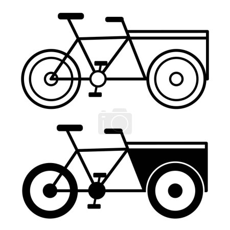 Lastenfahrrad-Ikonen. Schwarz-weiße Vektorsymbole. Lieferfahrrad mit Versandbox für Unternehmen. Traditionelles Pedicab, Kurierdienst. Verkehrskonzept