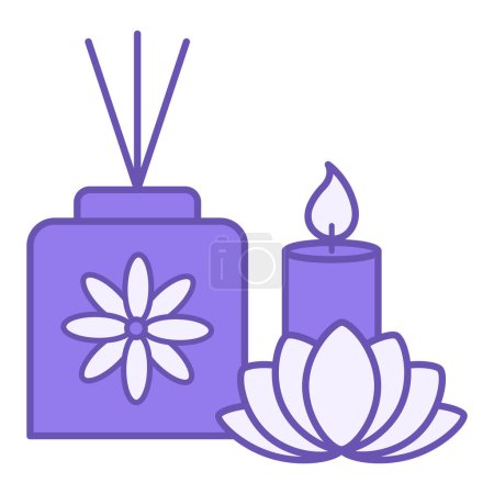 Aromatherapy Colored Icon. Vector Icon of Scented Candle, Aromatherapy Stick, and Lotus Flower. Aroma Reed Diffuser. Spa Treatments and Relaxation. Mental Health. Wellness Concept
