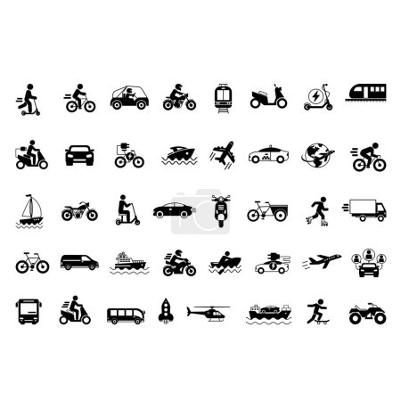 Black Set of Transport Icons. Vector Icons of Cars, Planes, Helicopters, Trams, Motorcycles, Bicycles, Scooters, Boats, Skateboards, Vans and Others