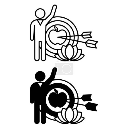 Illustration for Achievable Goals Icons. Black and White Vector Icons of Person, Goal, and Lotus. Healthy lifestyle. Wellness Concept - Royalty Free Image